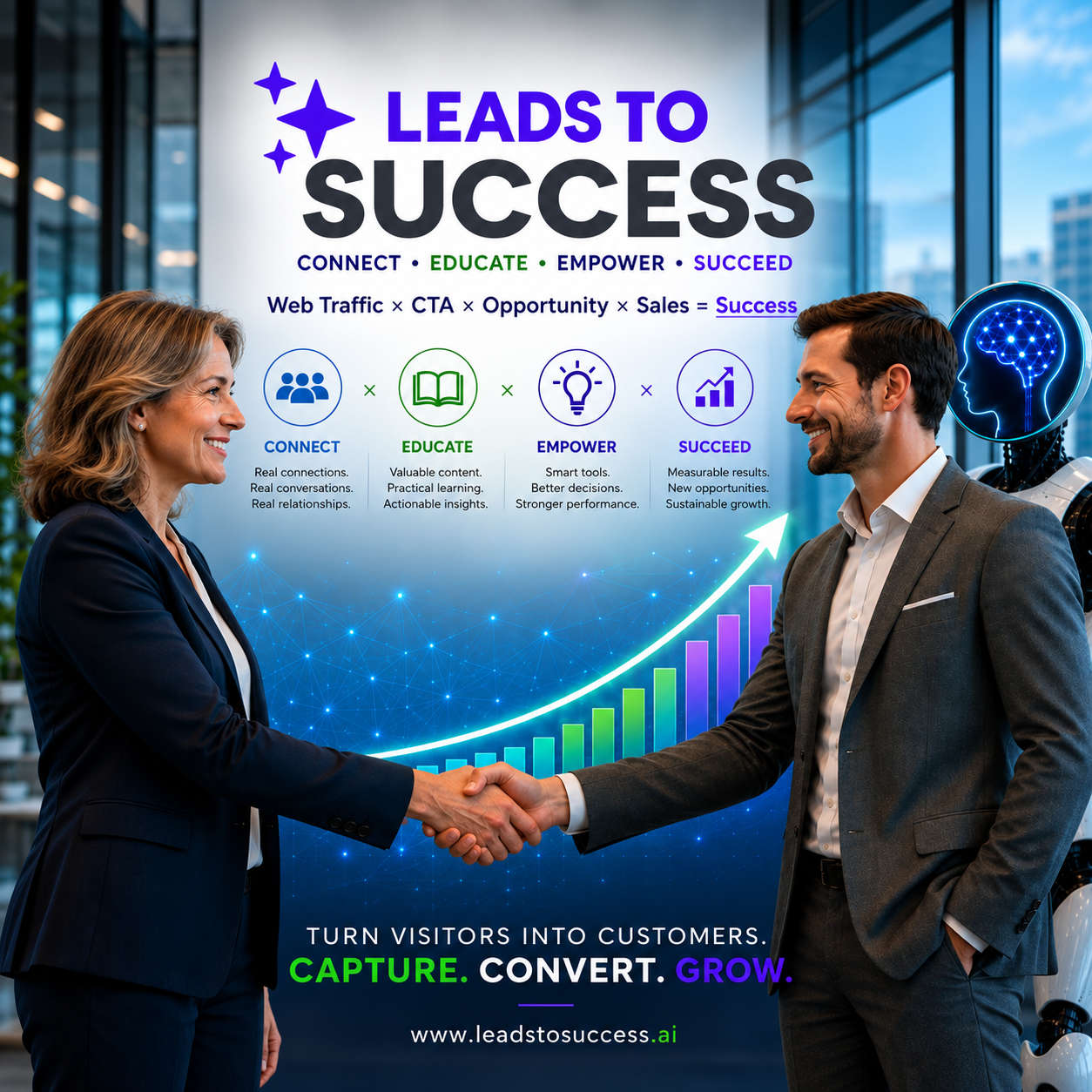 A handshake between two professionals, symbolizing a lead turned into a customer